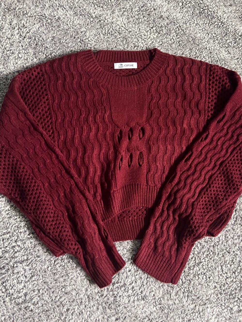 Cupshe Maroon Cable Knit Crop Crewneck Sweater